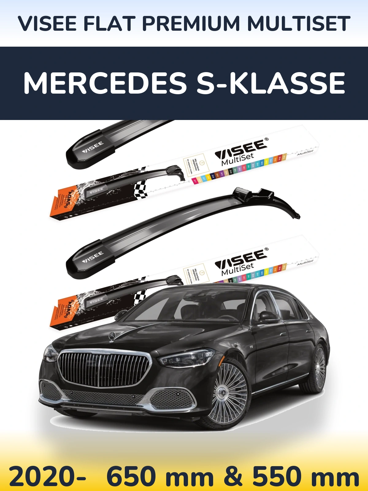 Komplet przednich wycieraczek VISEE FLAT PREMIUM MultiSet 650 & 550 mm do Mercedes S-Klasse 2020-2026