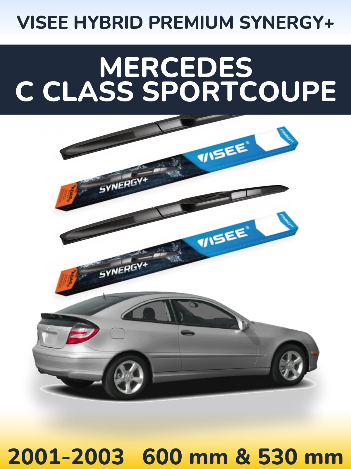 Front wiper blade set VISEE HYBRID PREMIUM SYNERGY+ 600 & 530 mm for Mercedes C Class Sportcoupe 2001-2003