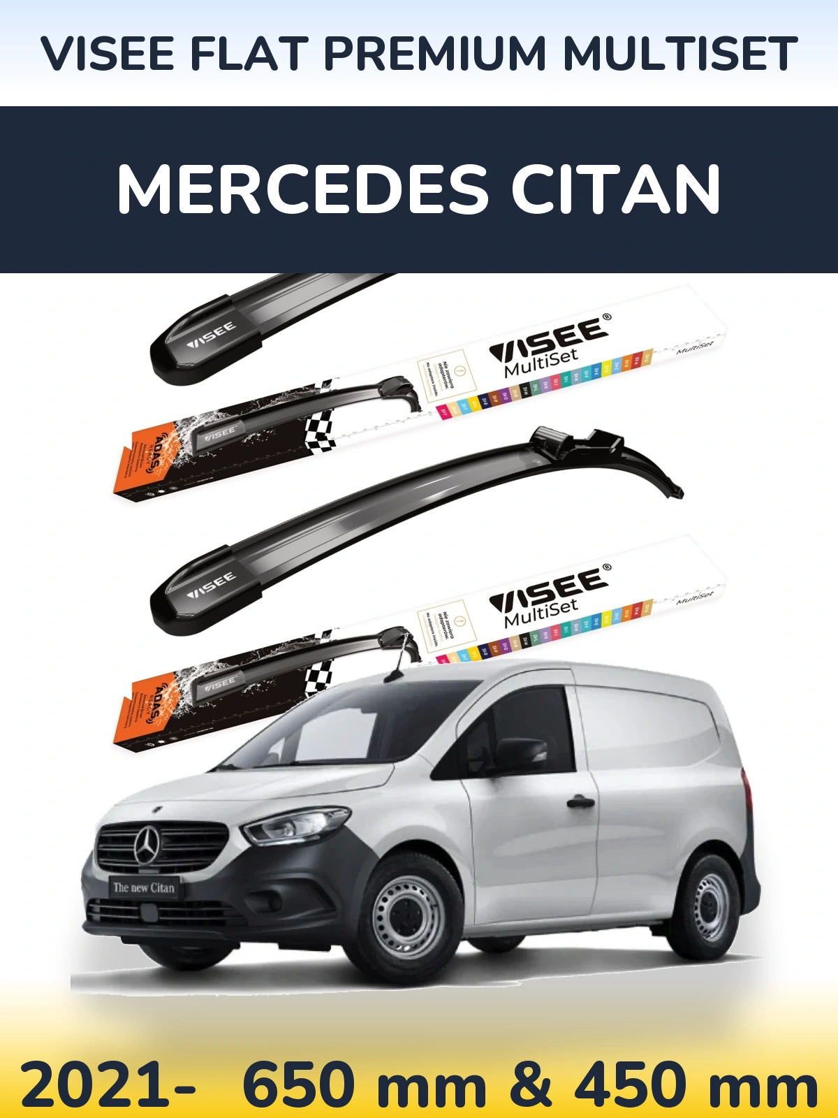 Комплект передних дворников VISEE FLAT PREMIUM MultiSet 650 & 450 мм для Mercedes Citan 2021-2026
