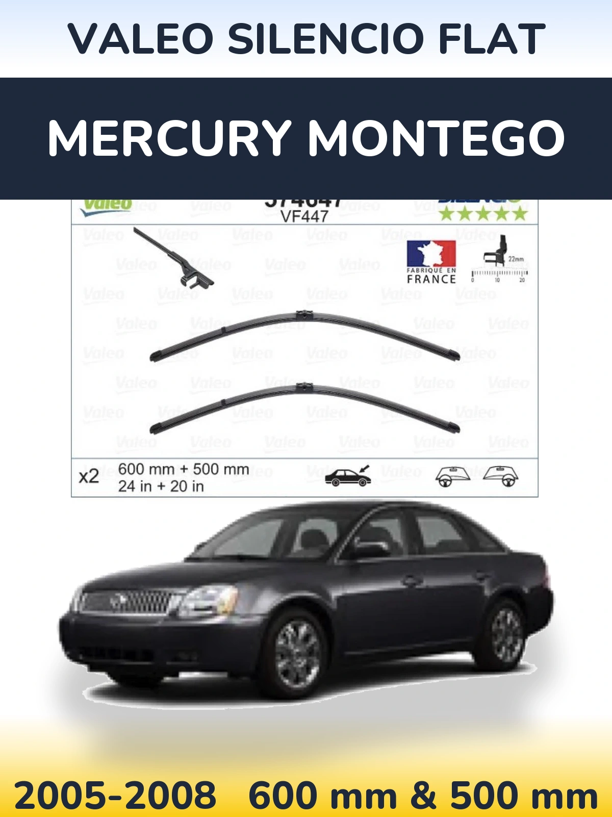 Komplet przednich wycieraczek Valeo Silencio Flat 600 & 500 mm do Mercury Montego 2005-2008