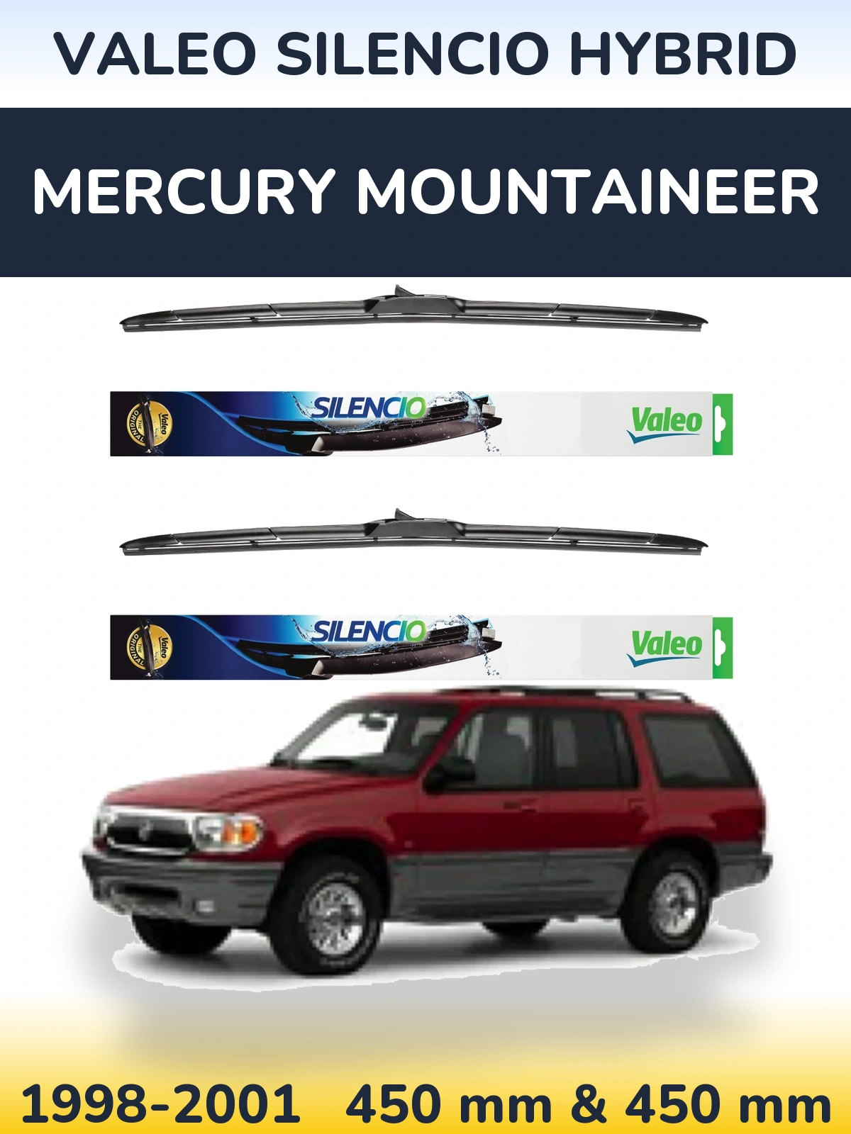 Комплект передних дворников Valeo Silencio Hybrid 450 & 450 мм для Mercury Mountaineer 1998-2001