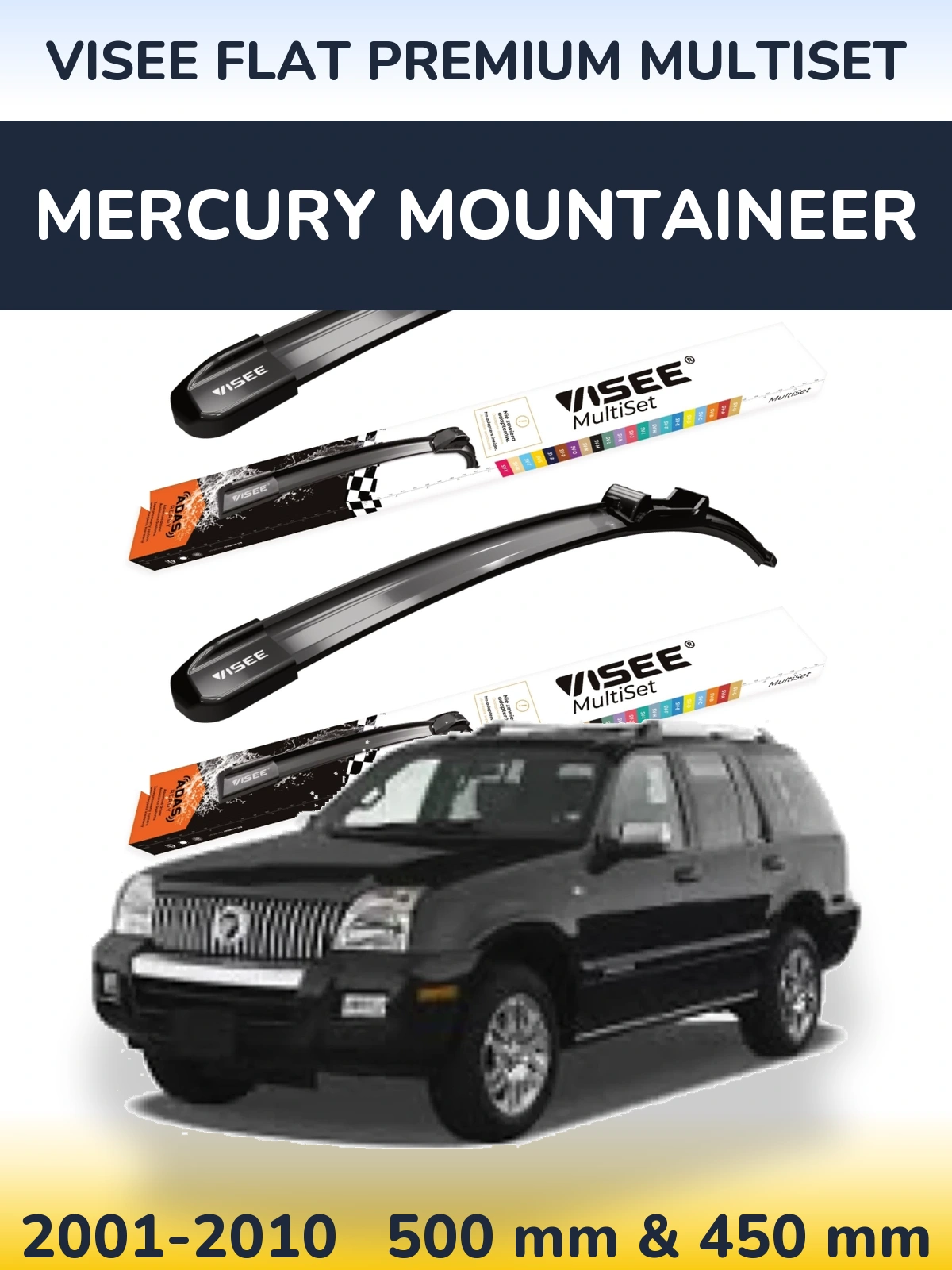 Комплект передніх щіток VISEE FLAT PREMIUM MultiSet 500 & 450 мм для Mercury Mountaineer 2001-2010