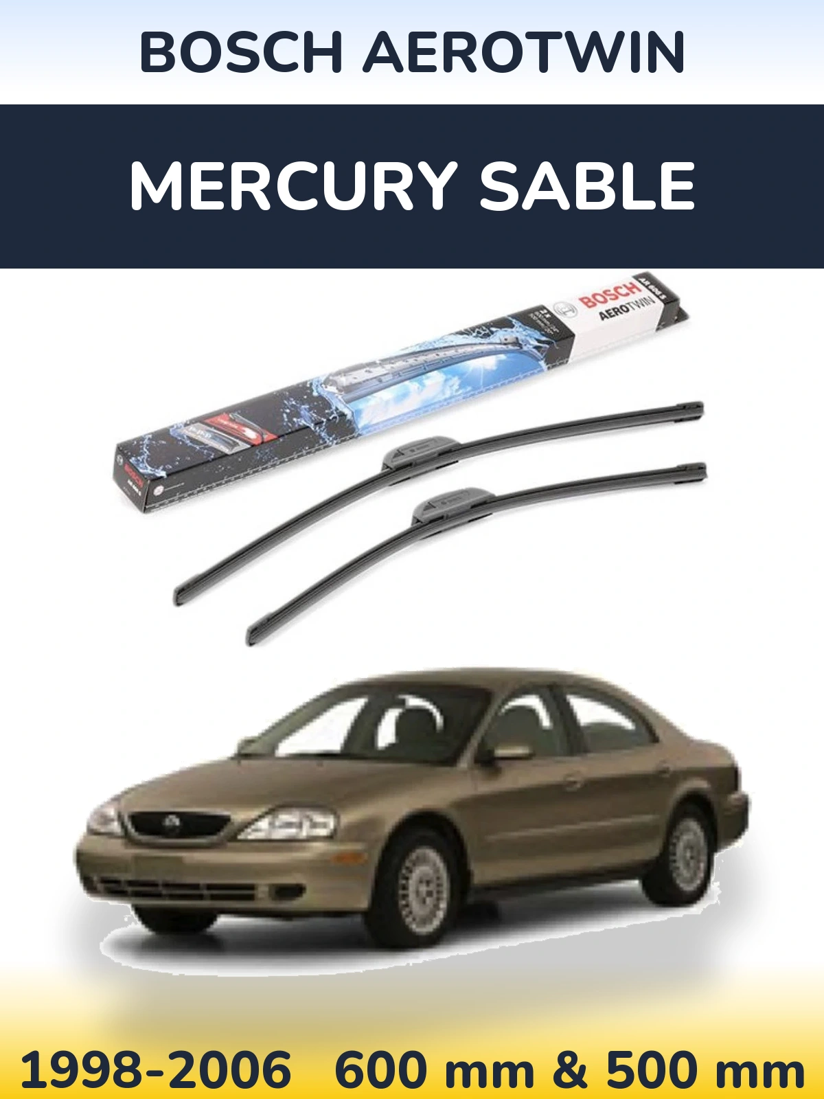 Front wiper blade set BOSCH AeroTwin 600 & 500 mm for Mercury Sable 1998-2006