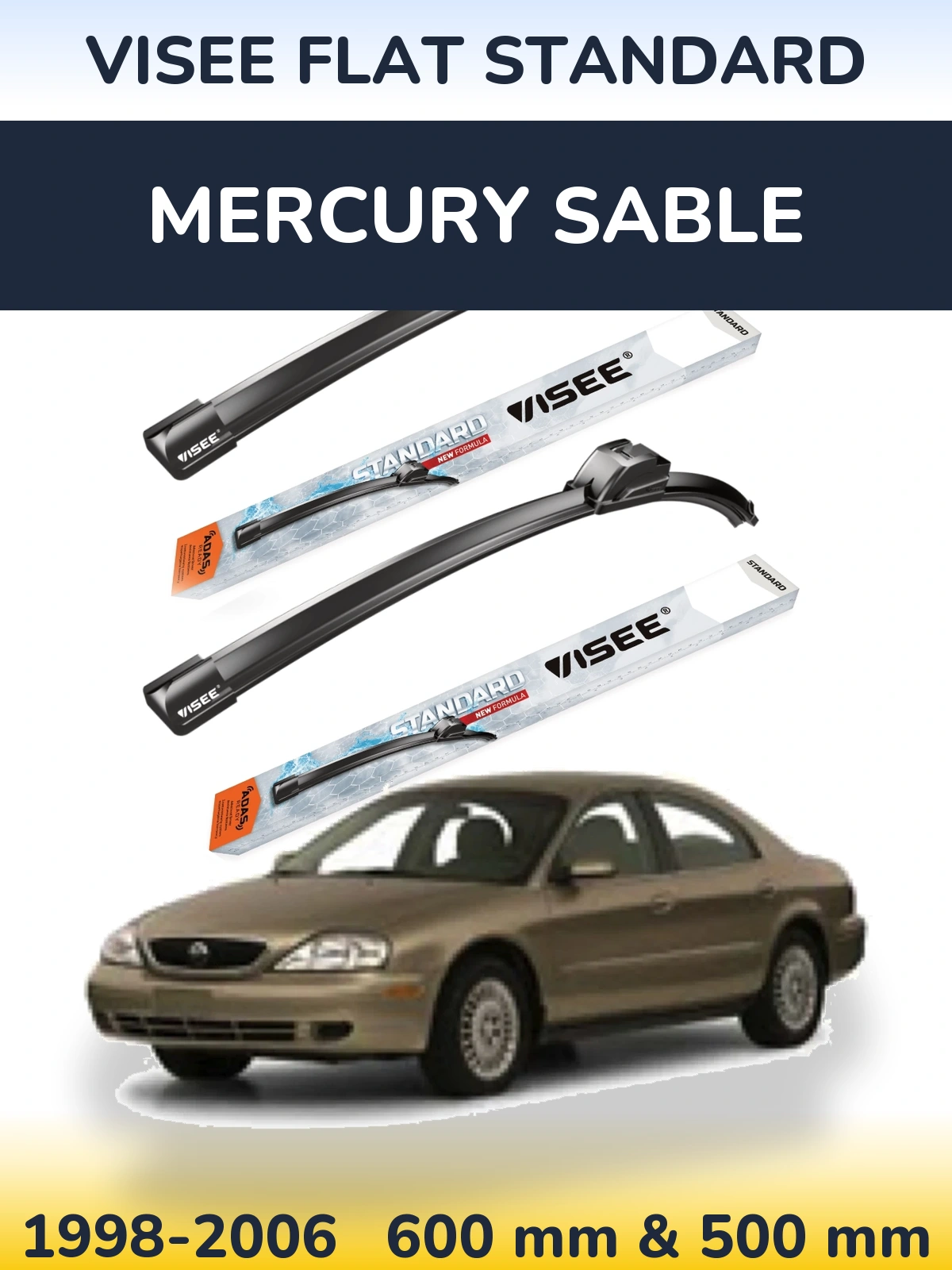 Komplet przednich wycieraczek VISEE FLAT STANDARD 600 & 500 mm do Mercury Sable 1998-2006