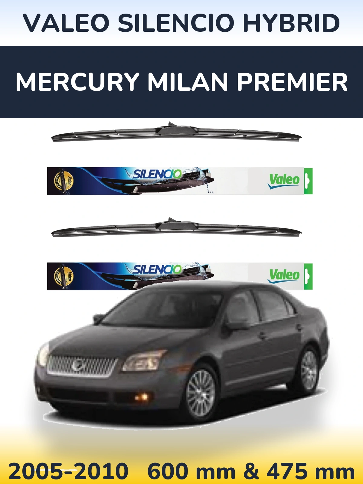 Комплект передних дворников Valeo Silencio Hybrid 600 & 475 мм для Mercury Milan Premier 2005-2010
