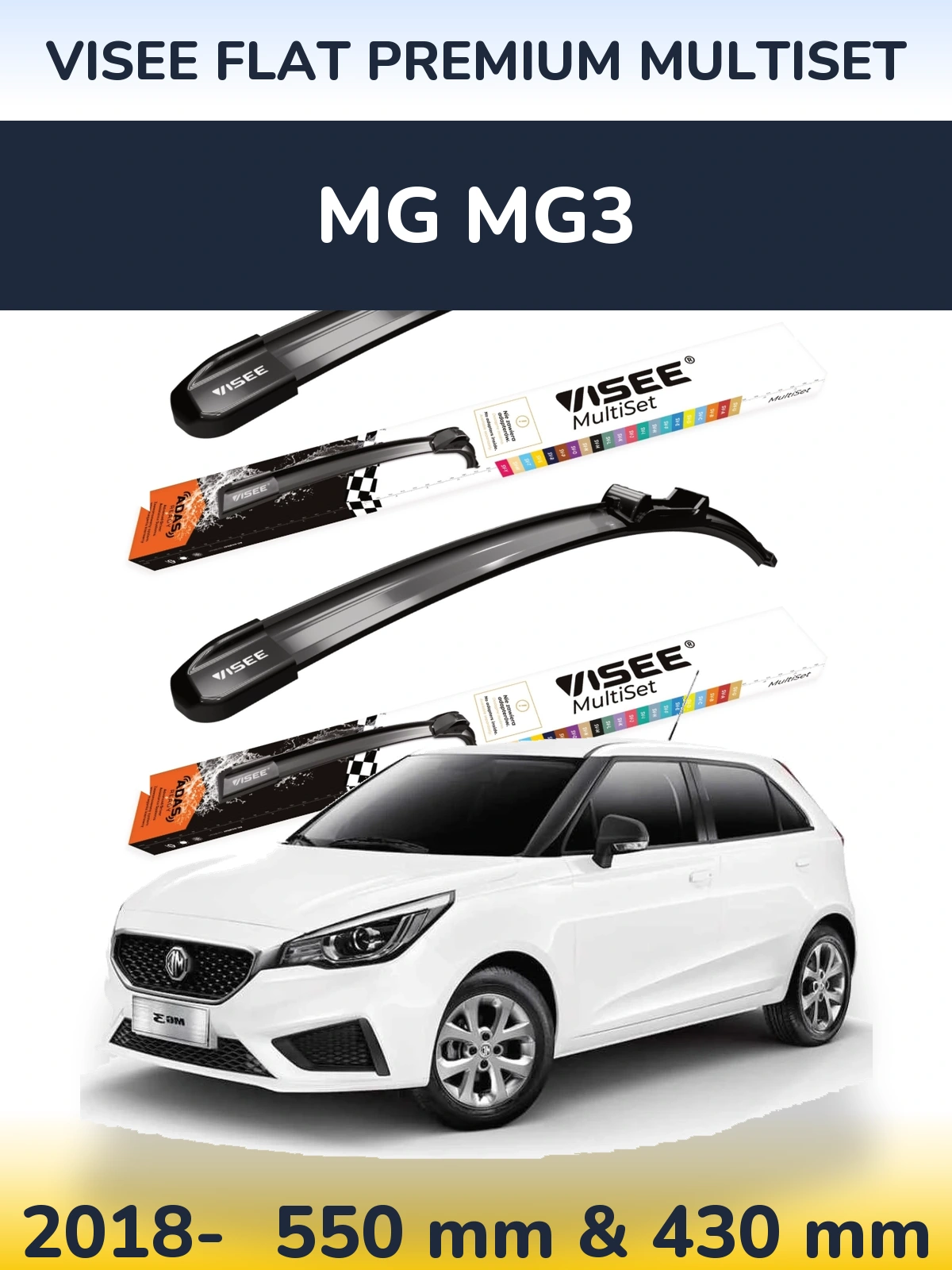 Komplet przednich wycieraczek VISEE FLAT PREMIUM MultiSet 550 & 430 mm do MG MG3 2018-2026