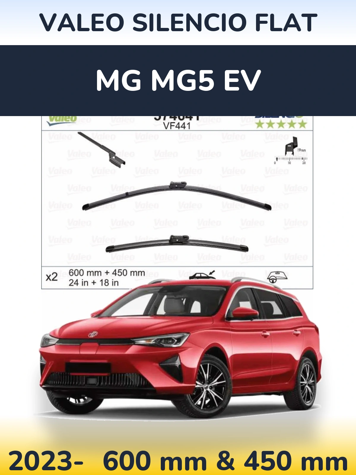 Front wiper blade set Valeo Silencio Flat 600 & 450 mm for MG MG5 EV 2023-2026