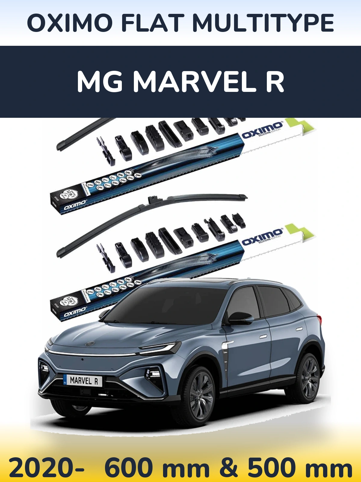 Front wiper blade set Oximo Flat MultiTypee 600 & 500 mm for MG Marvel R 2020-2026