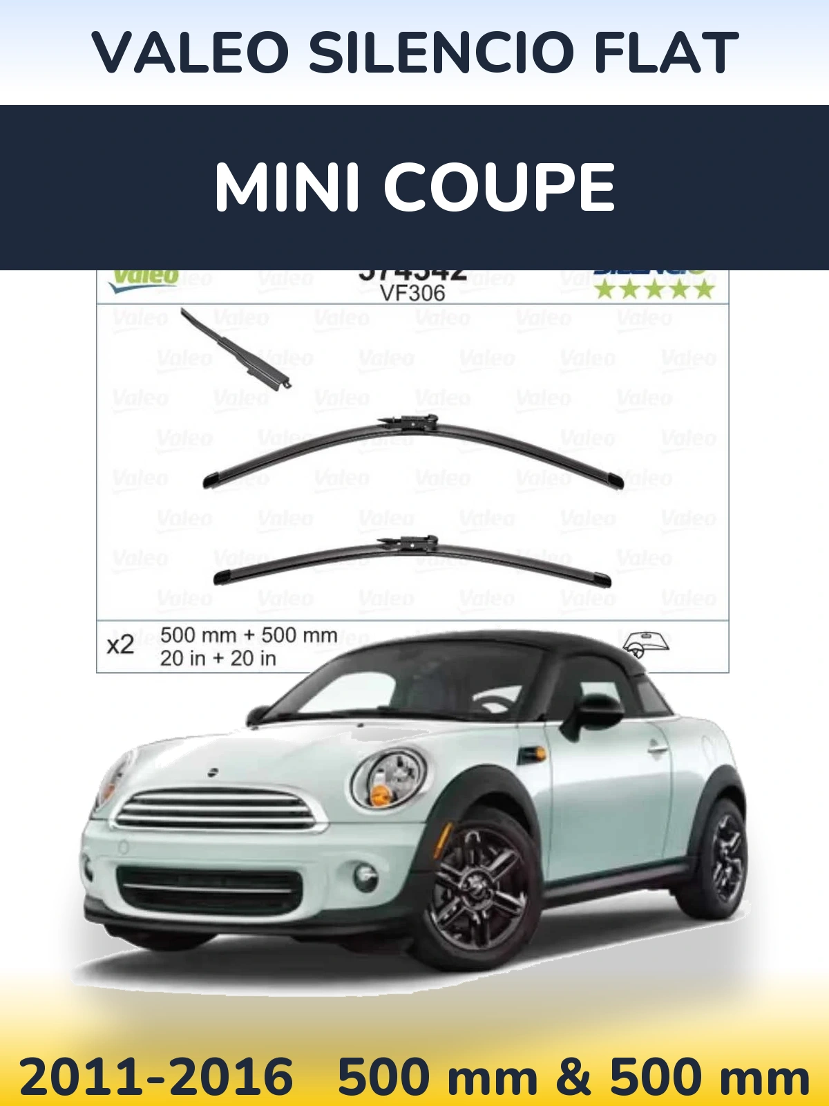 Front wiper blade set Valeo Silencio Flat 500 & 500 mm for MINI Coupe 2011-2016