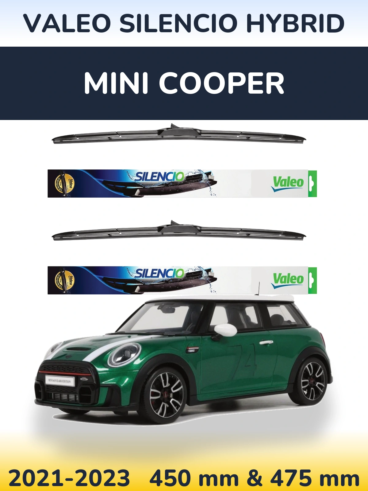 Front wiper blade set Valeo Silencio Hybrid 450 & 475 mm for MINI Cooper 2021-2023