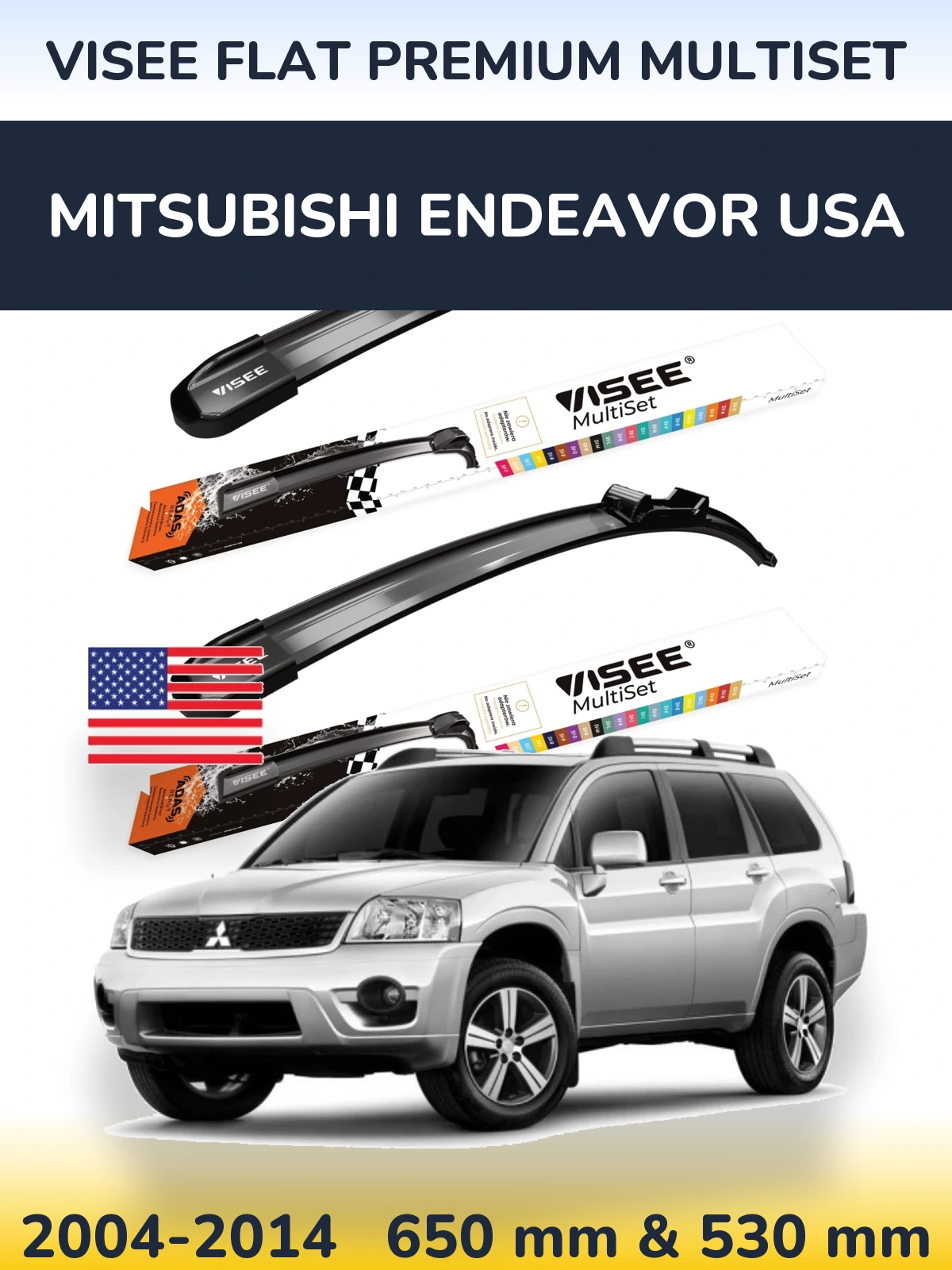 Комплект передних дворников VISEE FLAT PREMIUM MultiSet 650 & 530 мм для Mitsubishi Endeavor USA 2004-2014