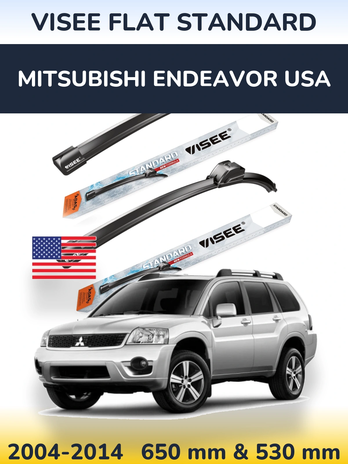 Комплект передних дворников VISEE FLAT STANDARD 650 & 530 мм для Mitsubishi Endeavor USA 2004-2014