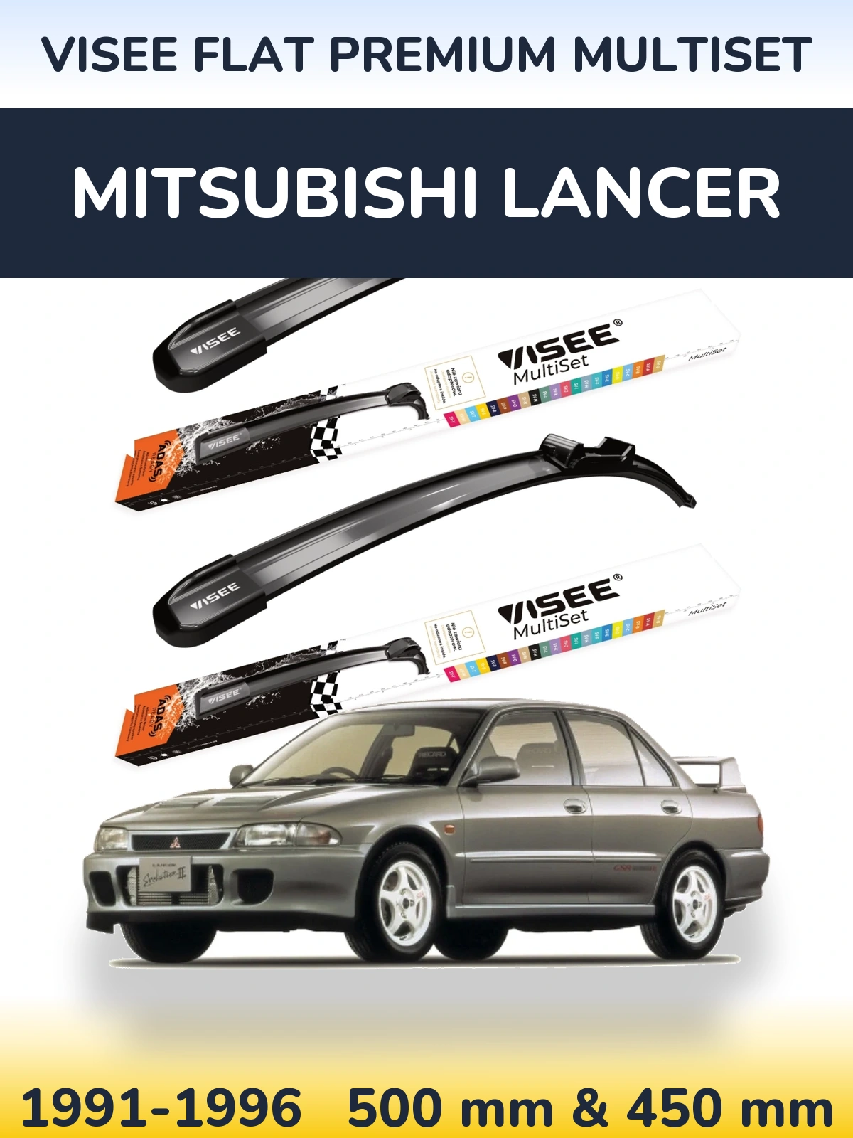 Front wiper blade set VISEE FLAT PREMIUM MultiSet 500 & 450 mm for Mitsubishi Lancer 1991-1996