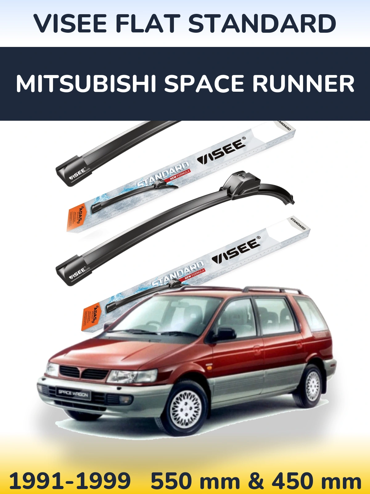 Front wiper blade set VISEE FLAT STANDARD 550 & 450 mm for Mitsubishi Space Runner 1991-1999