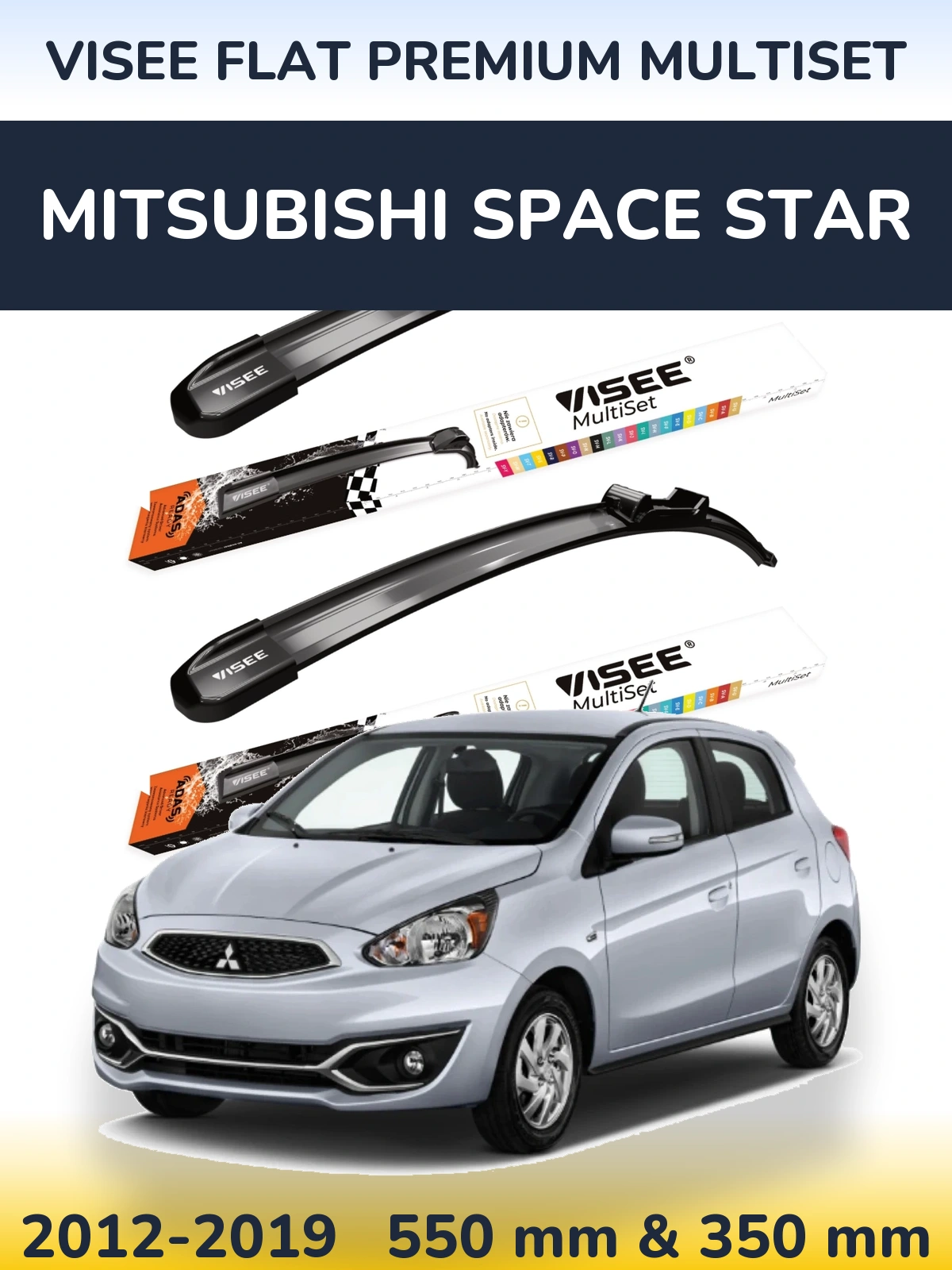 Комплект передних дворников VISEE FLAT PREMIUM MultiSet 550 & 350 мм для Mitsubishi Space Star 2012-2019