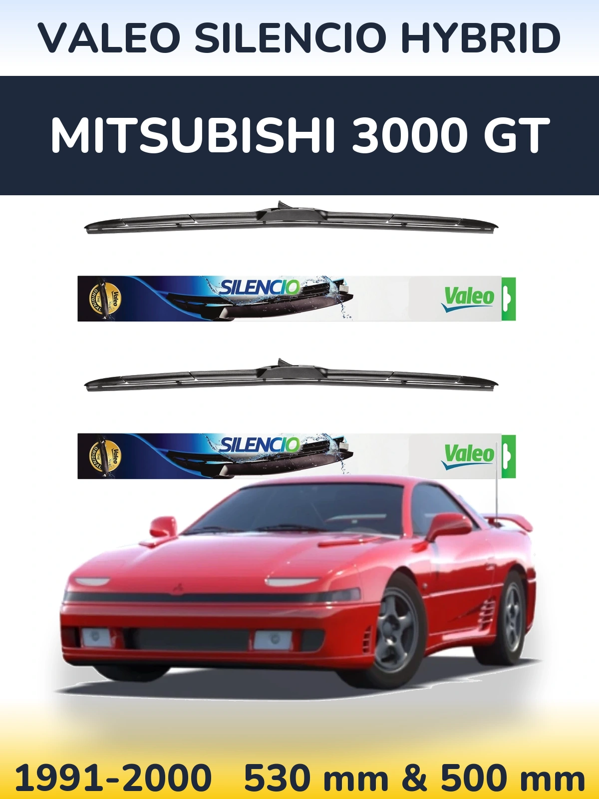 Front wiper blade set Valeo Silencio Hybrid 530 & 500 mm for Mitsubishi 3000 GT 1991-2000