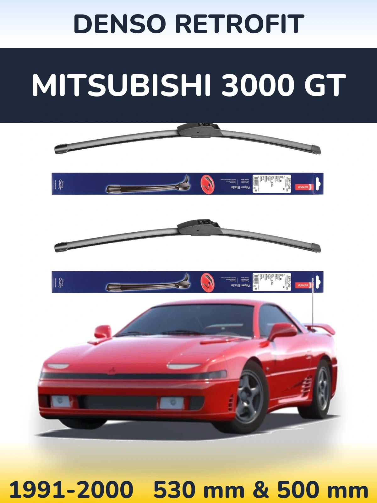 Front wiper blade set Denso Retrofit 530 & 500 mm for Mitsubishi 3000 GT 1991-2000