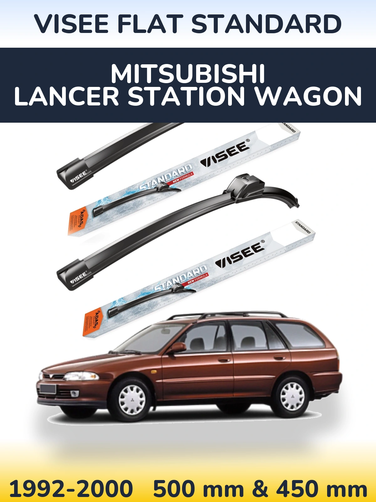 Front wiper blade set VISEE FLAT STANDARD 500 & 450 mm for Mitsubishi Lancer Station Wagon 1992-2000