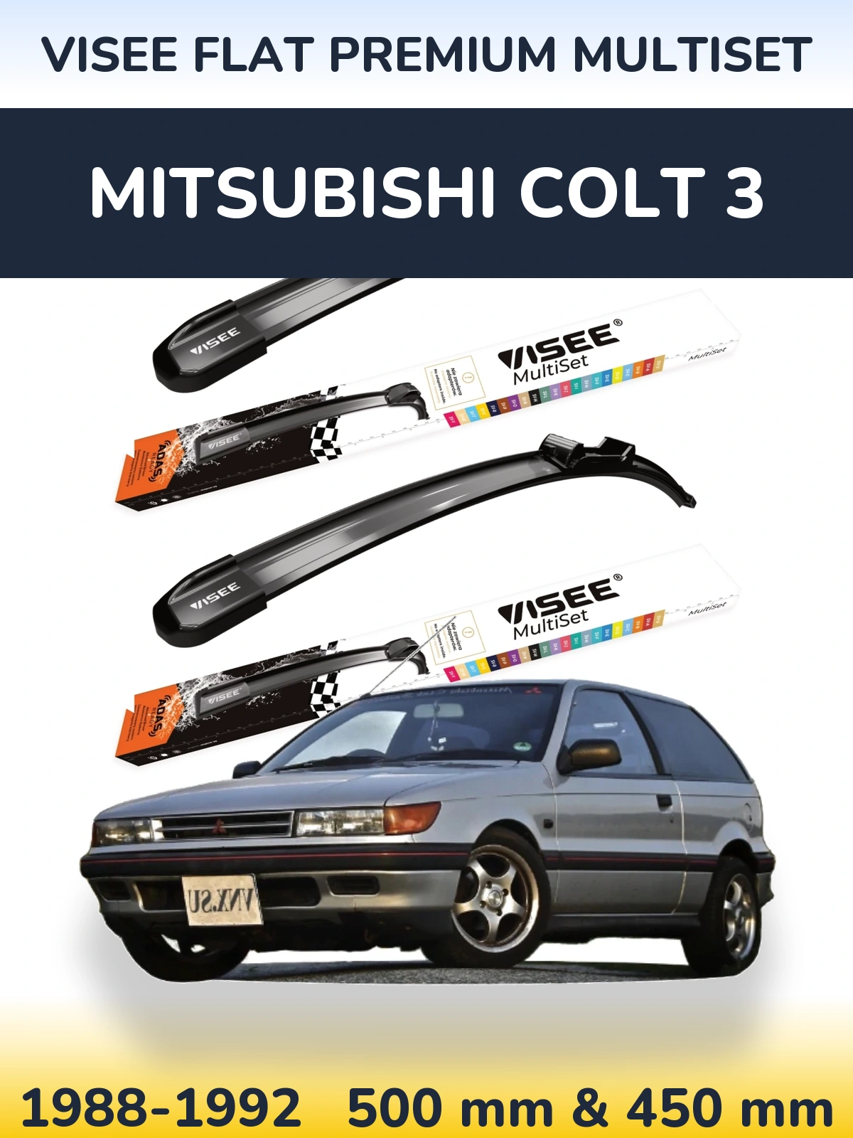 Komplet przednich wycieraczek VISEE FLAT PREMIUM MultiSet 500 & 450 mm do Mitsubishi Colt 3 1988-1992