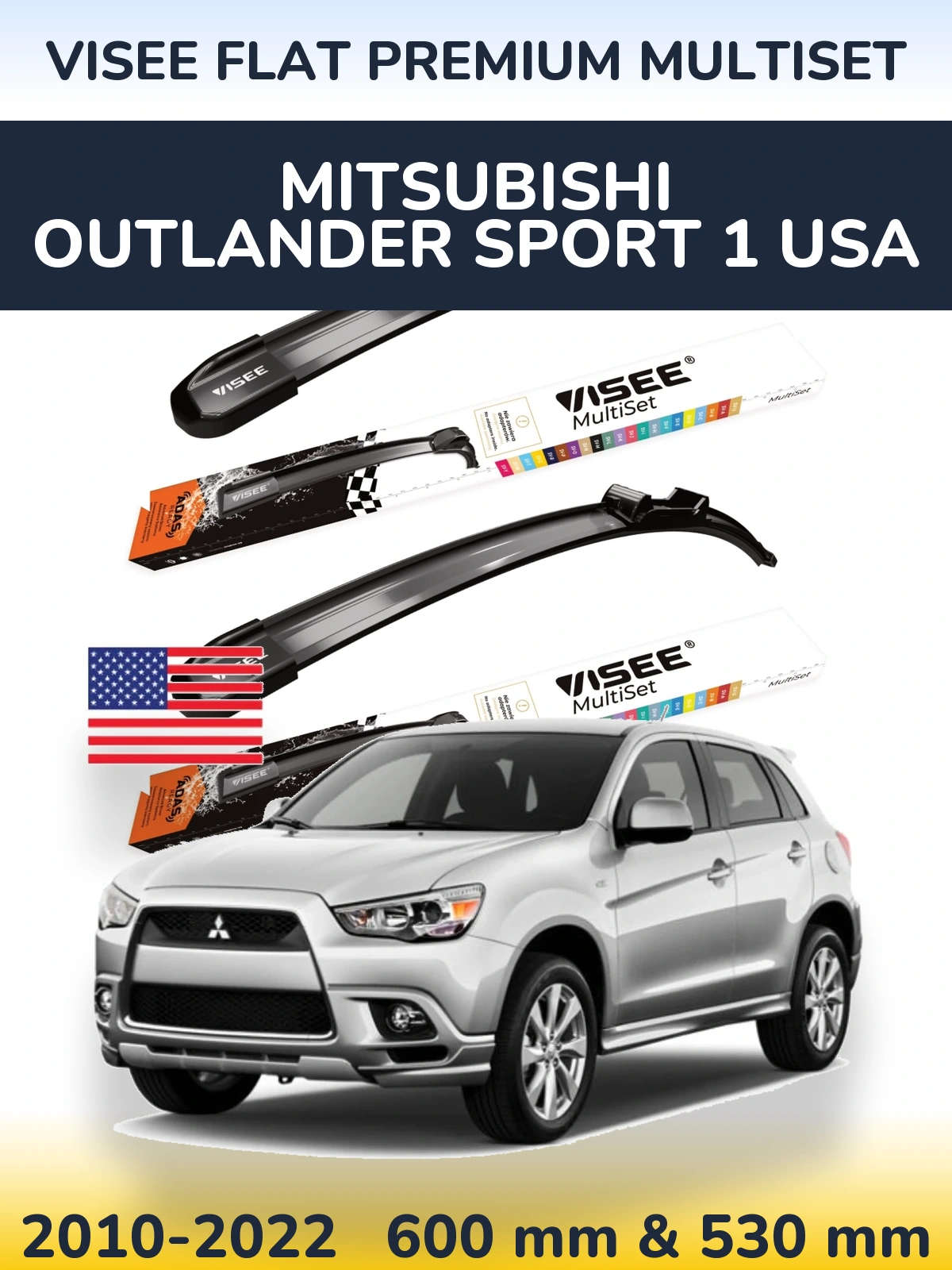 Front wiper blade set VISEE FLAT PREMIUM MultiSet 600 & 530 mm for Mitsubishi Outlander Sport 1 USA 2010-2022