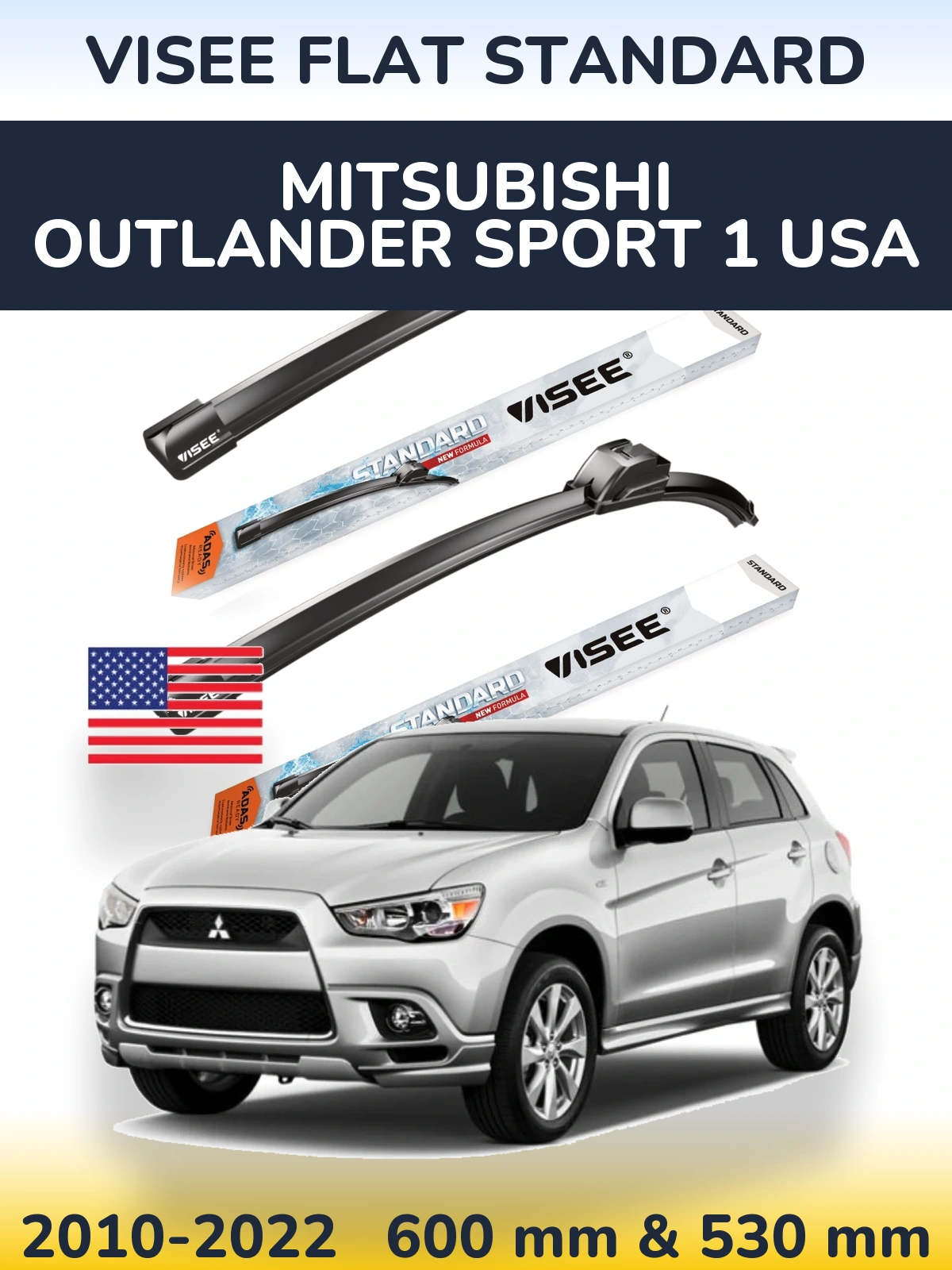 Front wiper blade set VISEE FLAT STANDARD 600 & 530 mm for Mitsubishi Outlander Sport 1 USA 2010-2022