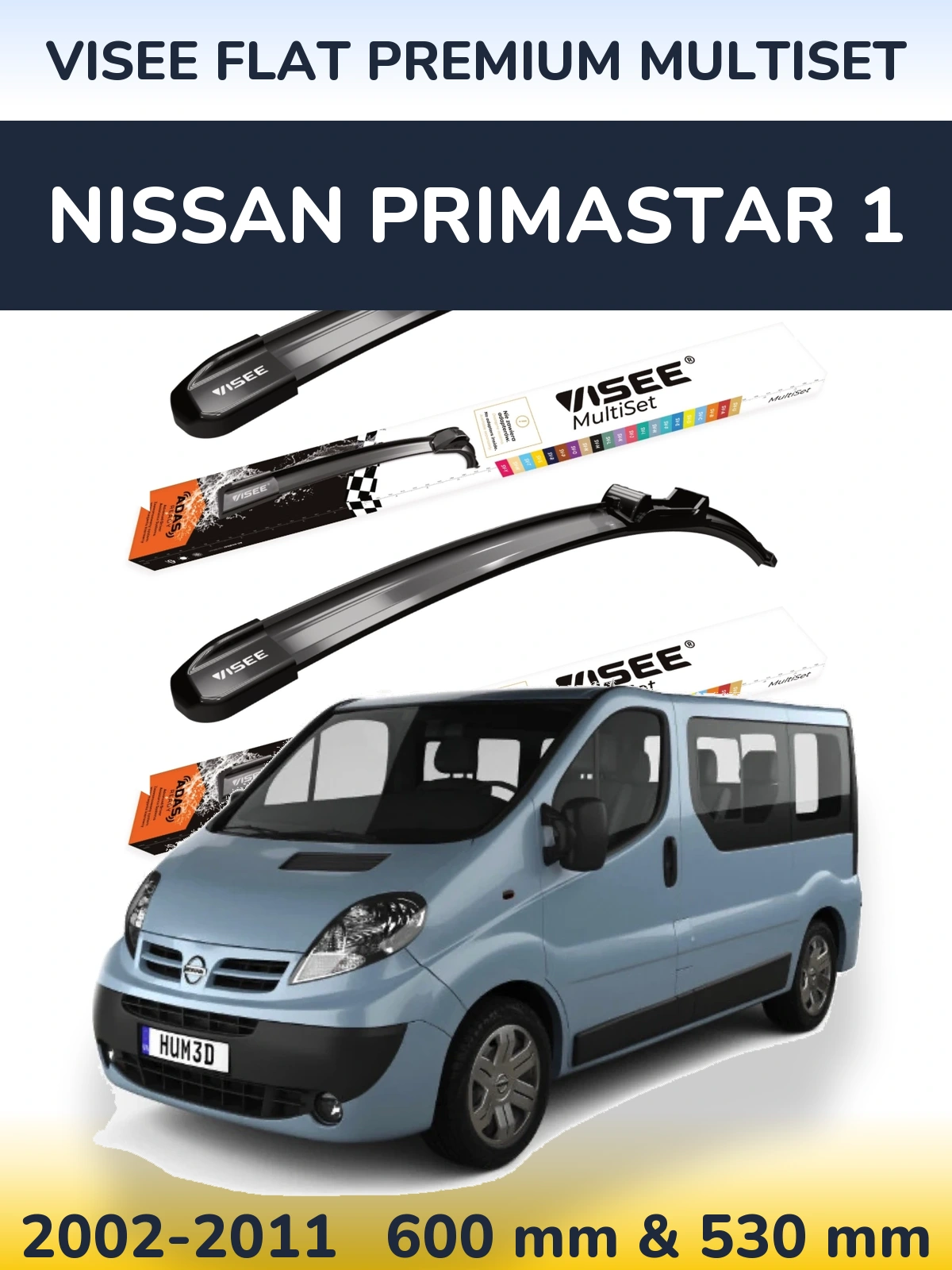 Комплект передних дворников VISEE FLAT PREMIUM MultiSet 600 & 530 мм для Nissan Primastar 1 2002-2011
