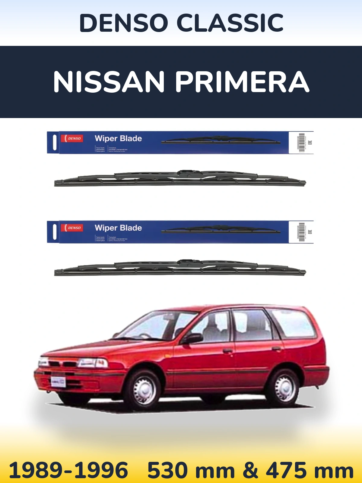 Front wiper blade set Denso Classic 530 & 475 mm for Nissan Primera 1989-1996