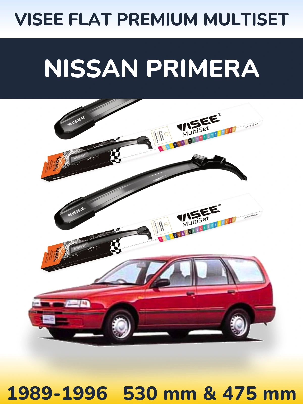 Komplet przednich wycieraczek VISEE FLAT PREMIUM MultiSet 530 & 475 mm do Nissan Primera 1989-1996