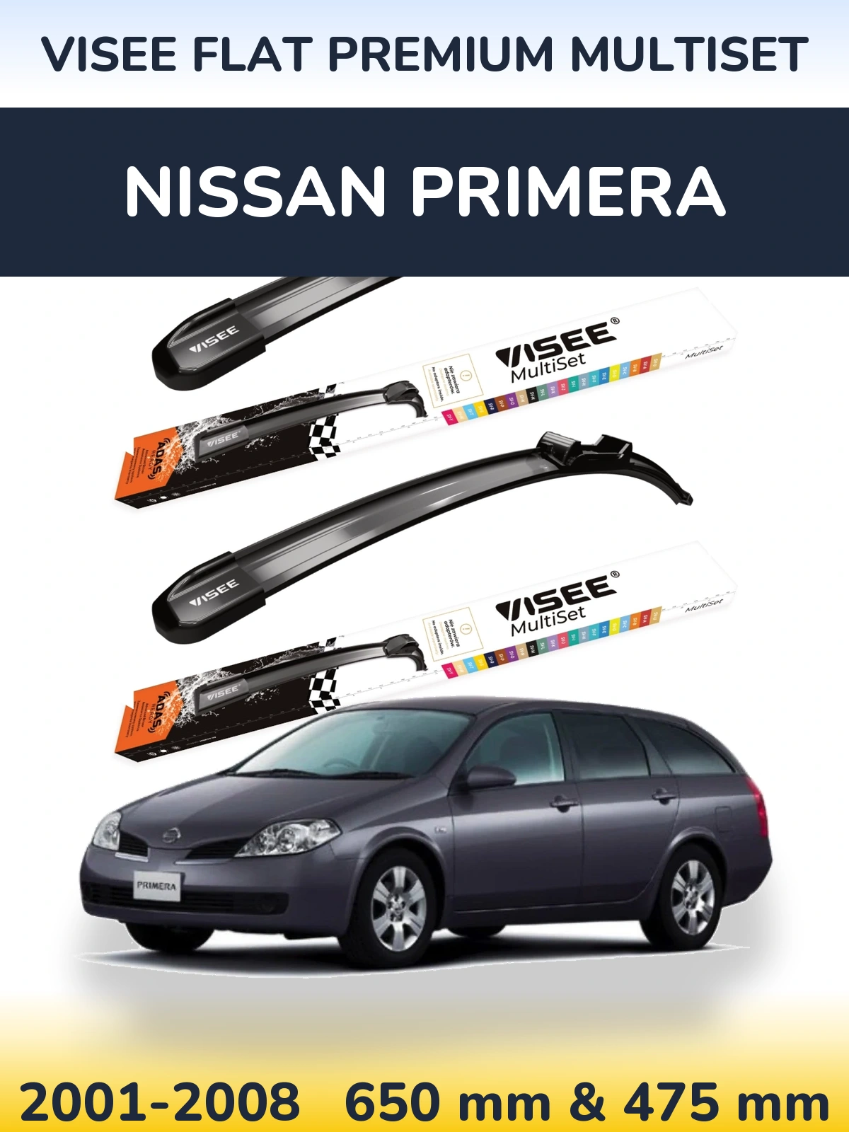 Komplet przednich wycieraczek VISEE FLAT PREMIUM MultiSet 650 & 475 mm do Nissan Primera 2001-2008