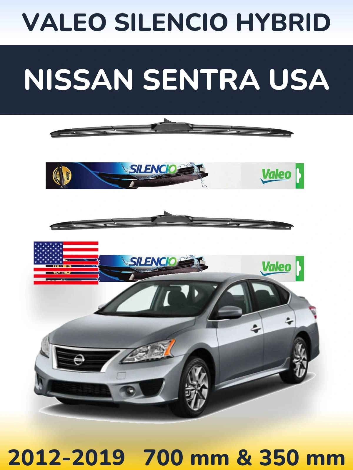 Front wiper blade set Valeo Silencio Hybrid 700 & 350 mm for Nissan Sentra USA 2012-2019