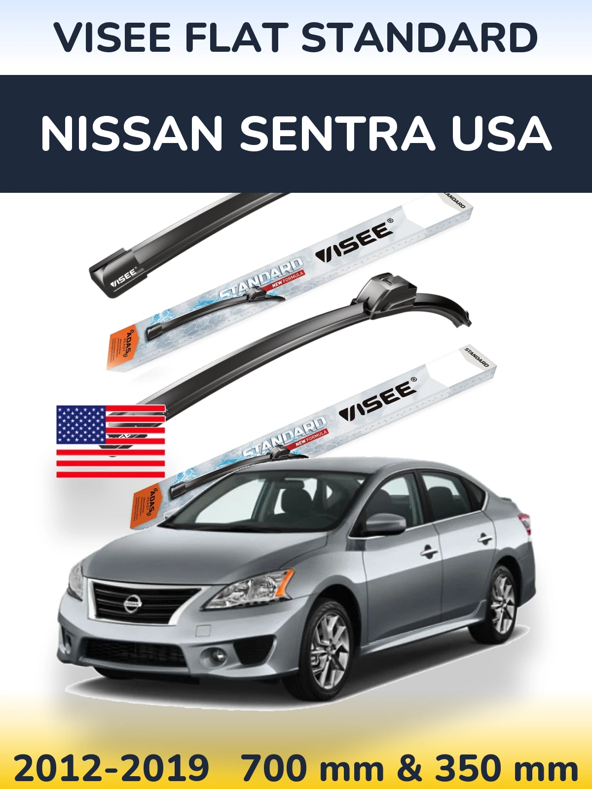 Komplet przednich wycieraczek VISEE FLAT STANDARD 700 & 350 mm do Nissan Sentra USA 2012-2019