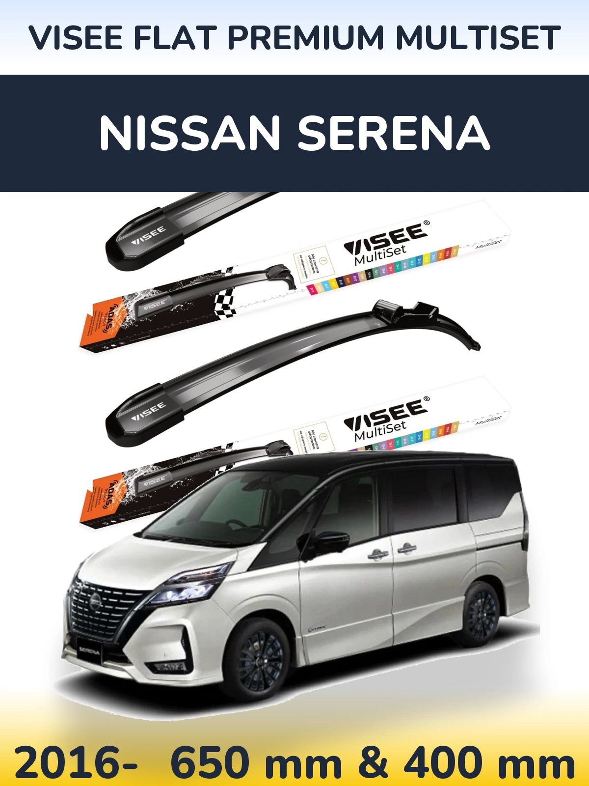 Komplet przednich wycieraczek VISEE FLAT PREMIUM MultiSet 650 & 400 mm do Nissan Serena 2016-2026