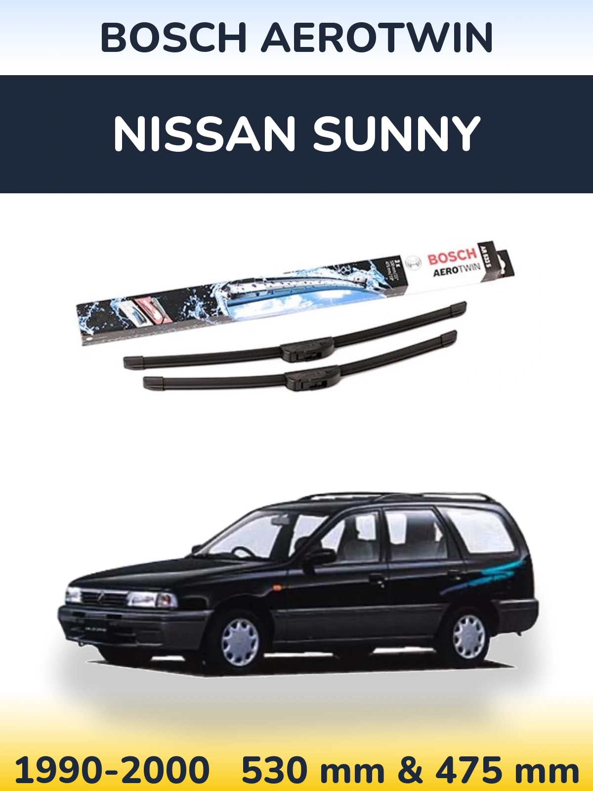 Front wiper blade set BOSCH AeroTwin 530 & 475 mm for Nissan Sunny 1990-2000
