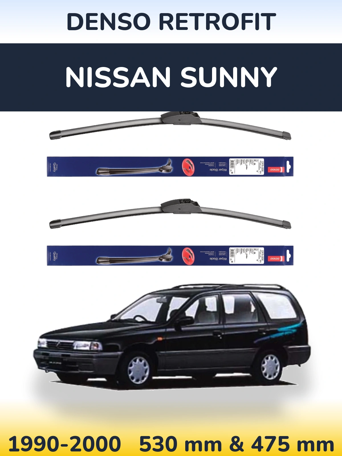 Komplet przednich wycieraczek Denso Retrofit 530 & 475 mm do Nissan Sunny 1990-2000