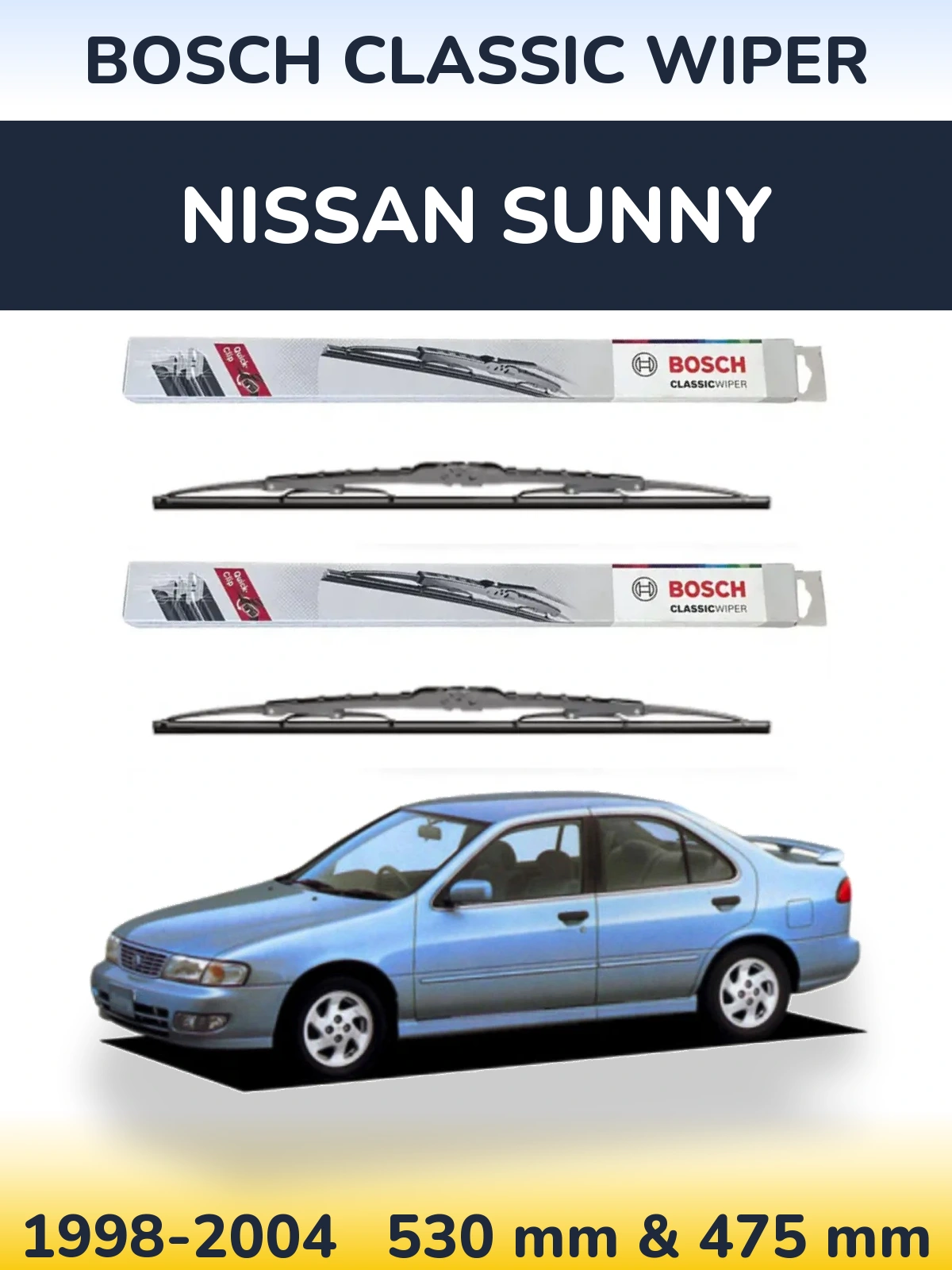 Komplet przednich wycieraczek BOSCH Classic Wiper 530 & 475 mm do Nissan Sunny 1998-2004