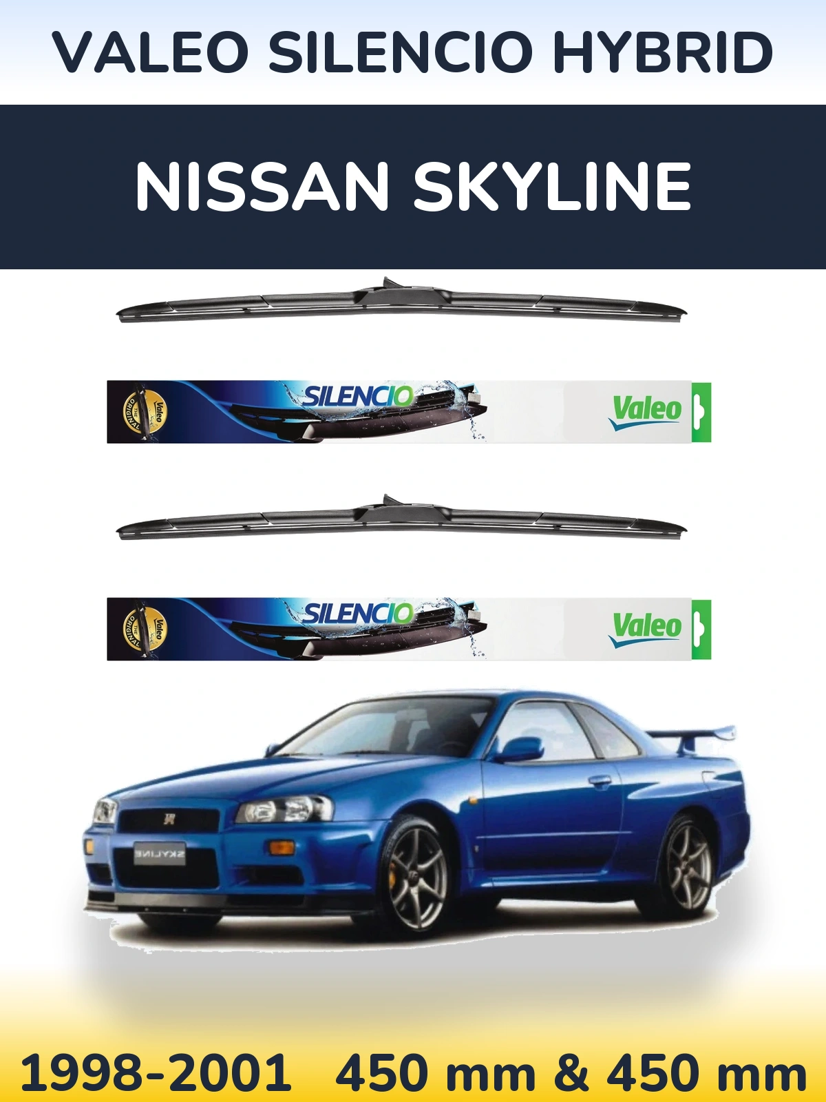 Front wiper blade set Valeo Silencio Hybrid 450 & 450 mm for Nissan Skyline 1998-2001
