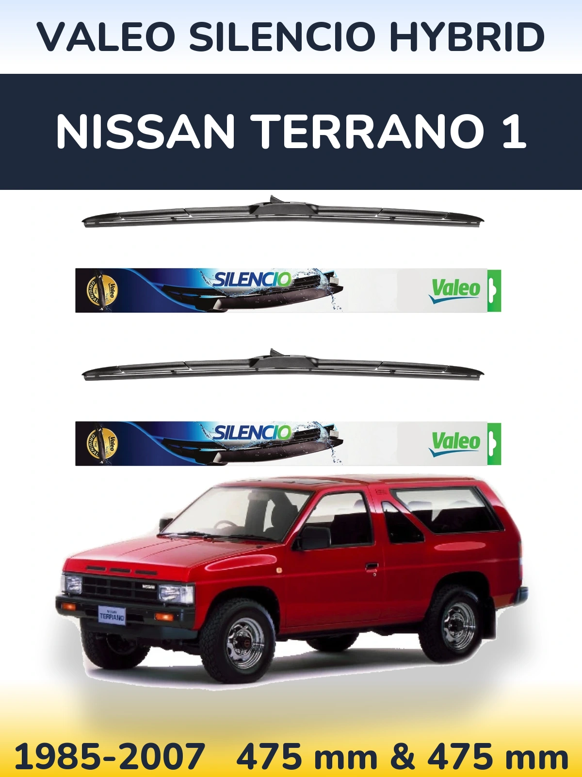 Front wiper blade set Valeo Silencio Hybrid 475 & 475 mm for Nissan Terrano 1 1985-2007