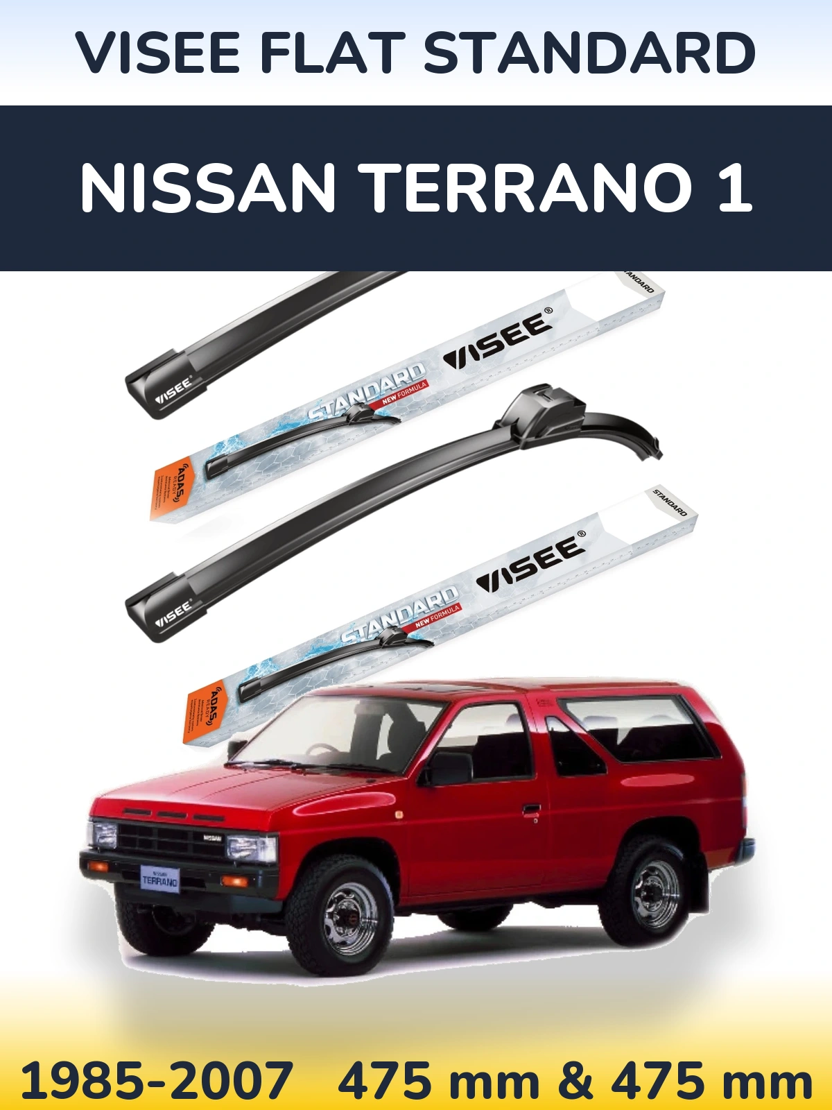 Front wiper blade set VISEE FLAT STANDARD 475 & 475 mm for Nissan Terrano 1 1985-2007