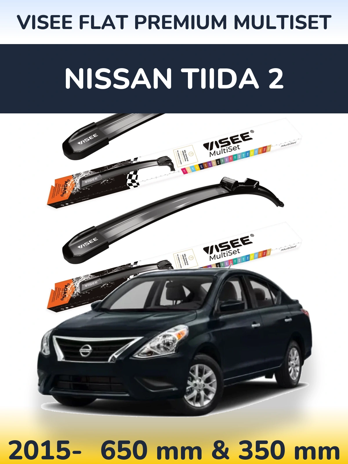 Komplet przednich wycieraczek VISEE FLAT PREMIUM MultiSet 650 & 350 mm do Nissan Tiida 2 2015-2026