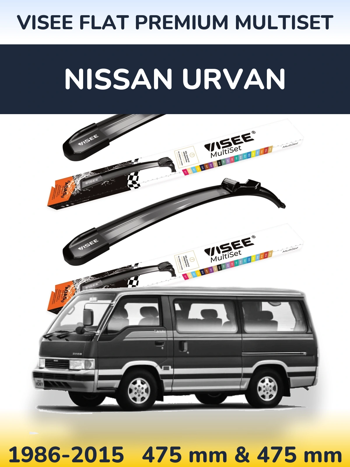 Front wiper blade set VISEE FLAT PREMIUM MultiSet 475 & 475 mm for Nissan Urvan 1986-2015