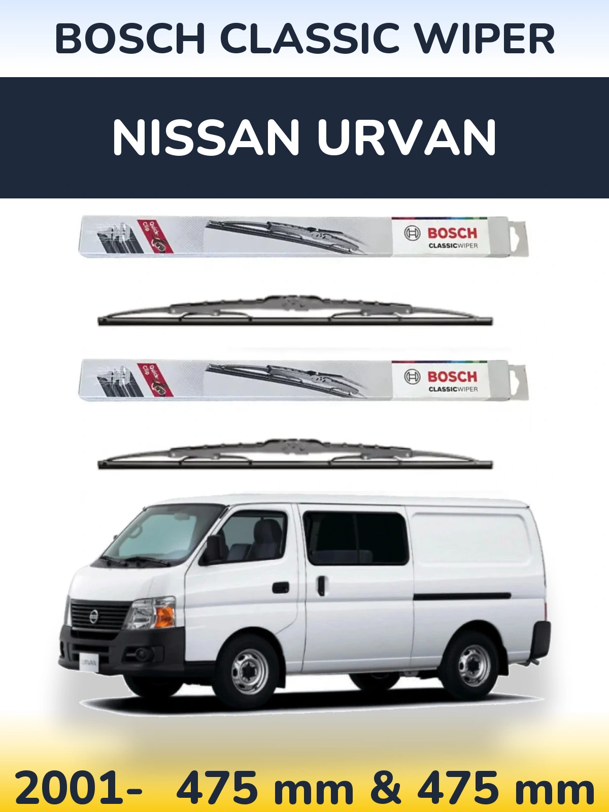 Front wiper blade set BOSCH Classic Wiper 475 & 475 mm for Nissan Urvan 2001-2026