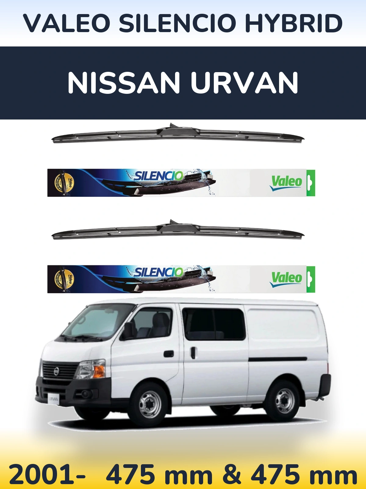 Komplet przednich wycieraczek Valeo Silencio Hybrid 475 & 475 mm do Nissan Urvan 2001-2026