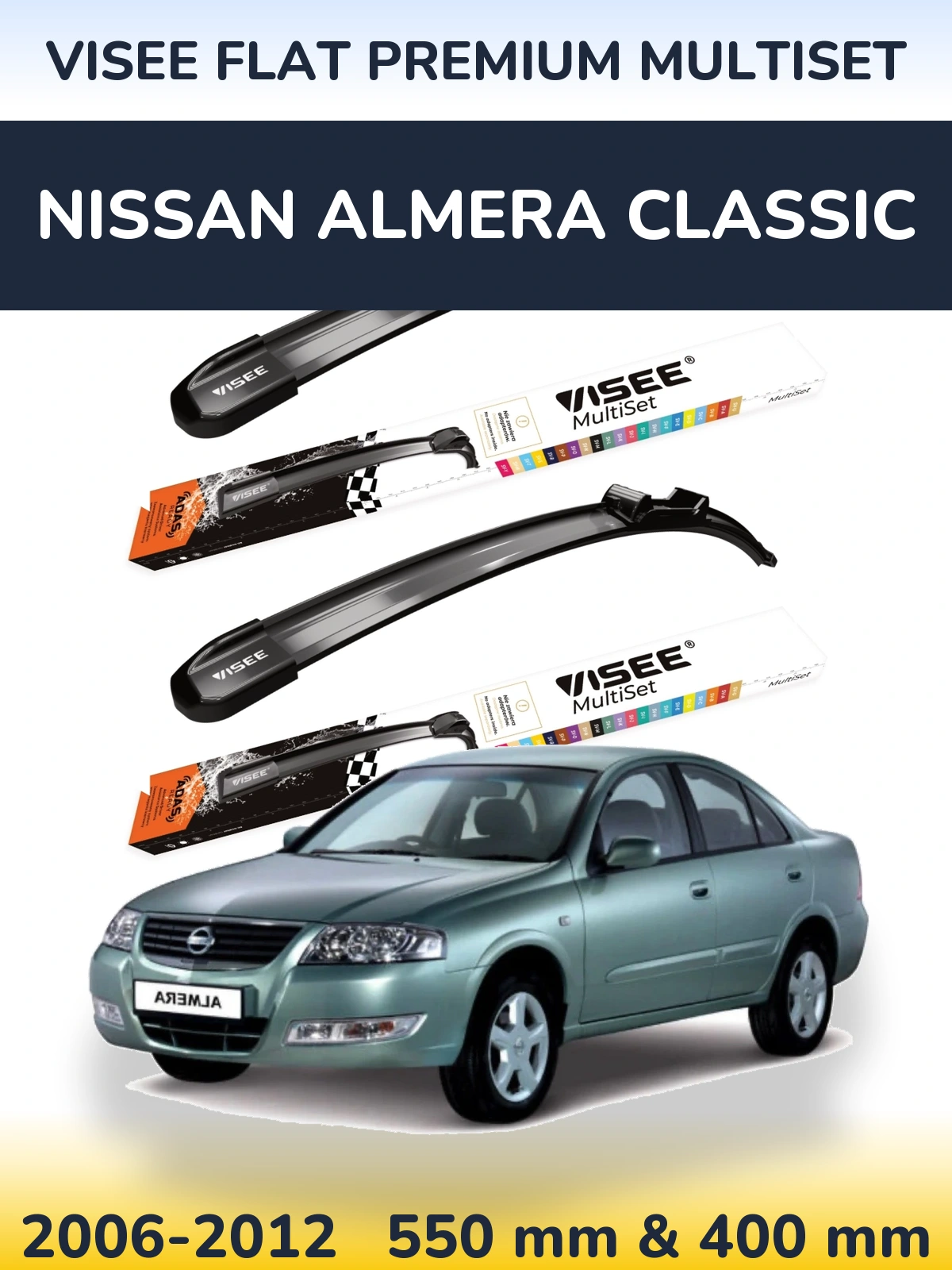 Komplet przednich wycieraczek VISEE FLAT PREMIUM MultiSet 550 & 400 mm do Nissan Almera Classic 2006-2012