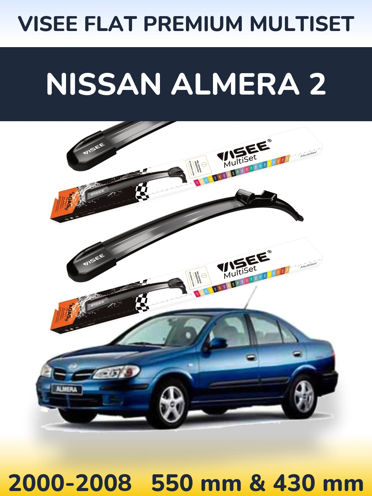 Komplet przednich wycieraczek VISEE FLAT PREMIUM MultiSet 550 & 430 mm do Nissan Almera 2 2000-2008