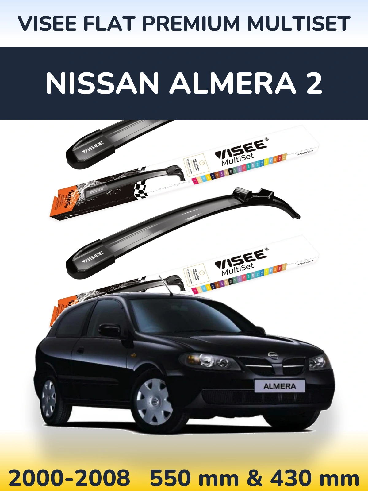 Front wiper blade set VISEE FLAT PREMIUM MultiSet 550 & 430 mm for Nissan Almera 2 2000-2008