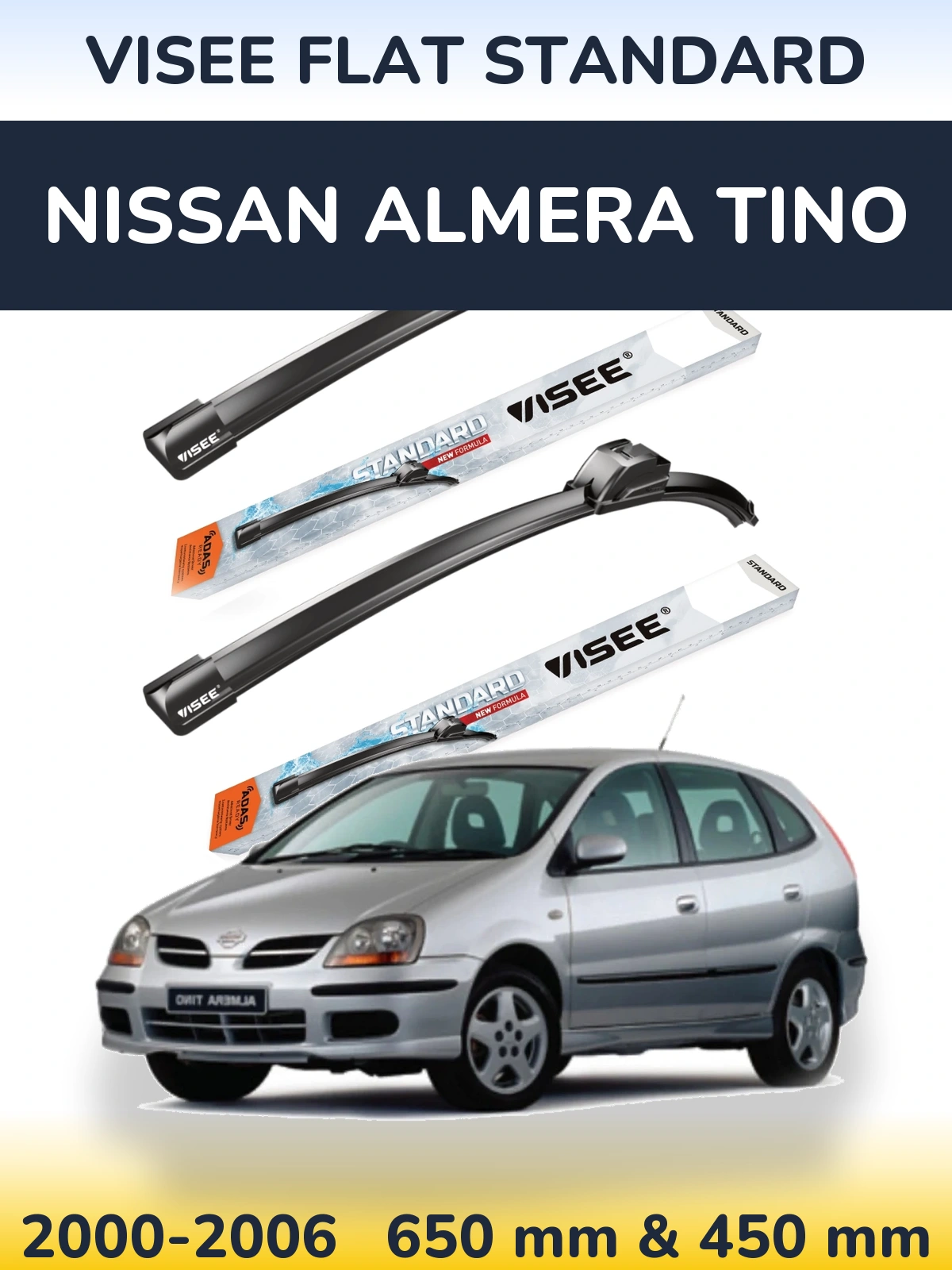 Комплект передних дворников VISEE FLAT STANDARD 650 & 450 мм для Nissan Almera Tino 2000-2006