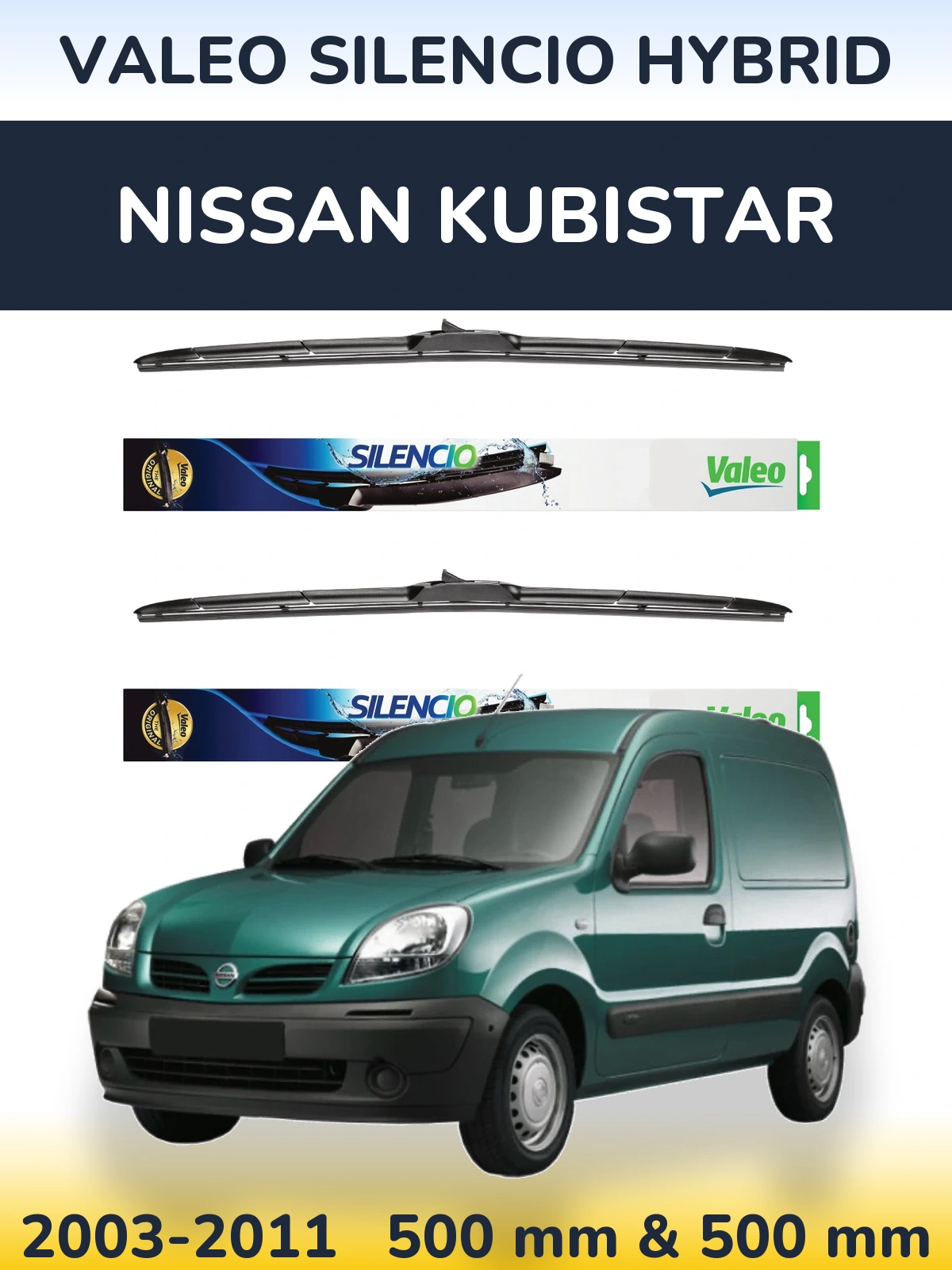 Komplet przednich wycieraczek Valeo Silencio Hybrid 500 & 500 mm do Nissan Kubistar 2003-2011