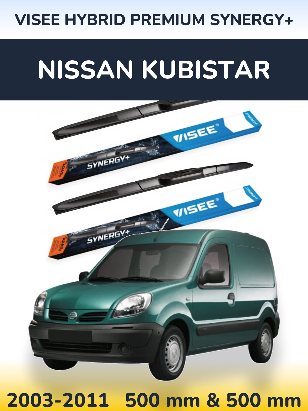 Front wiper blade set VISEE HYBRID PREMIUM SYNERGY+ 500 & 500 mm for Nissan Kubistar 2003-2011