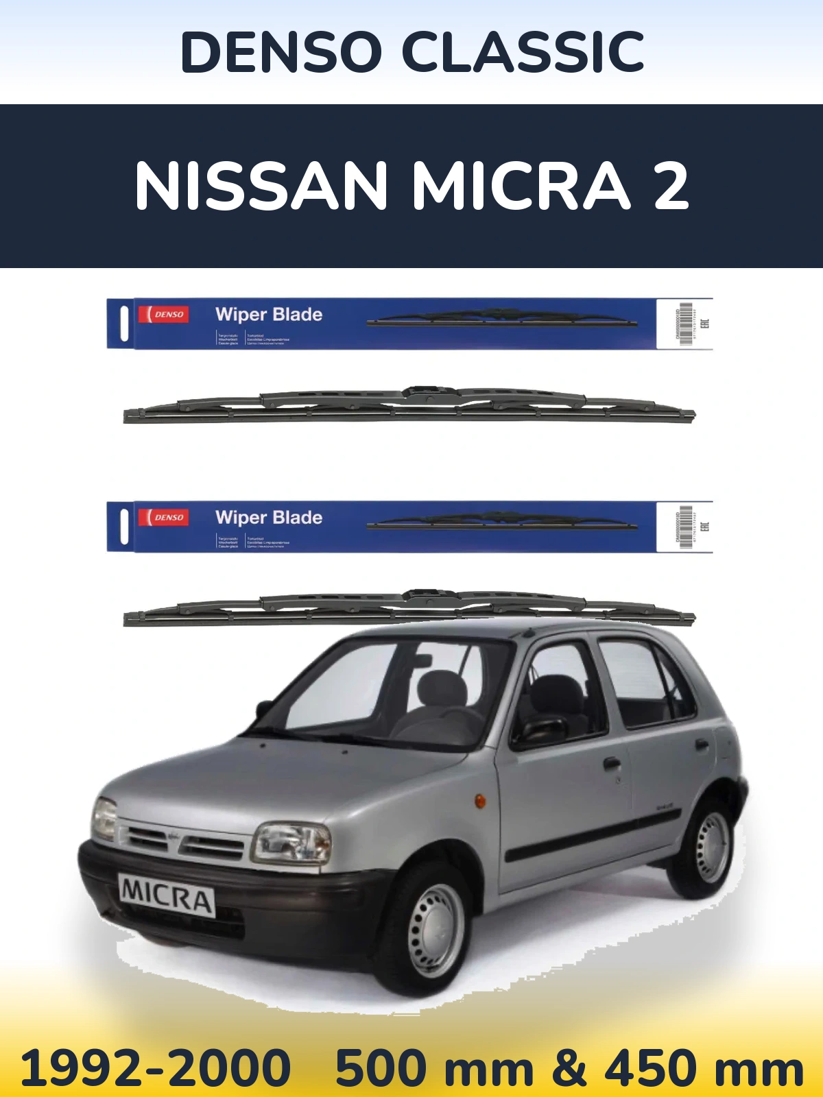 Front wiper blade set Denso Classic 500 & 450 mm for Nissan Micra 2 1992-2000
