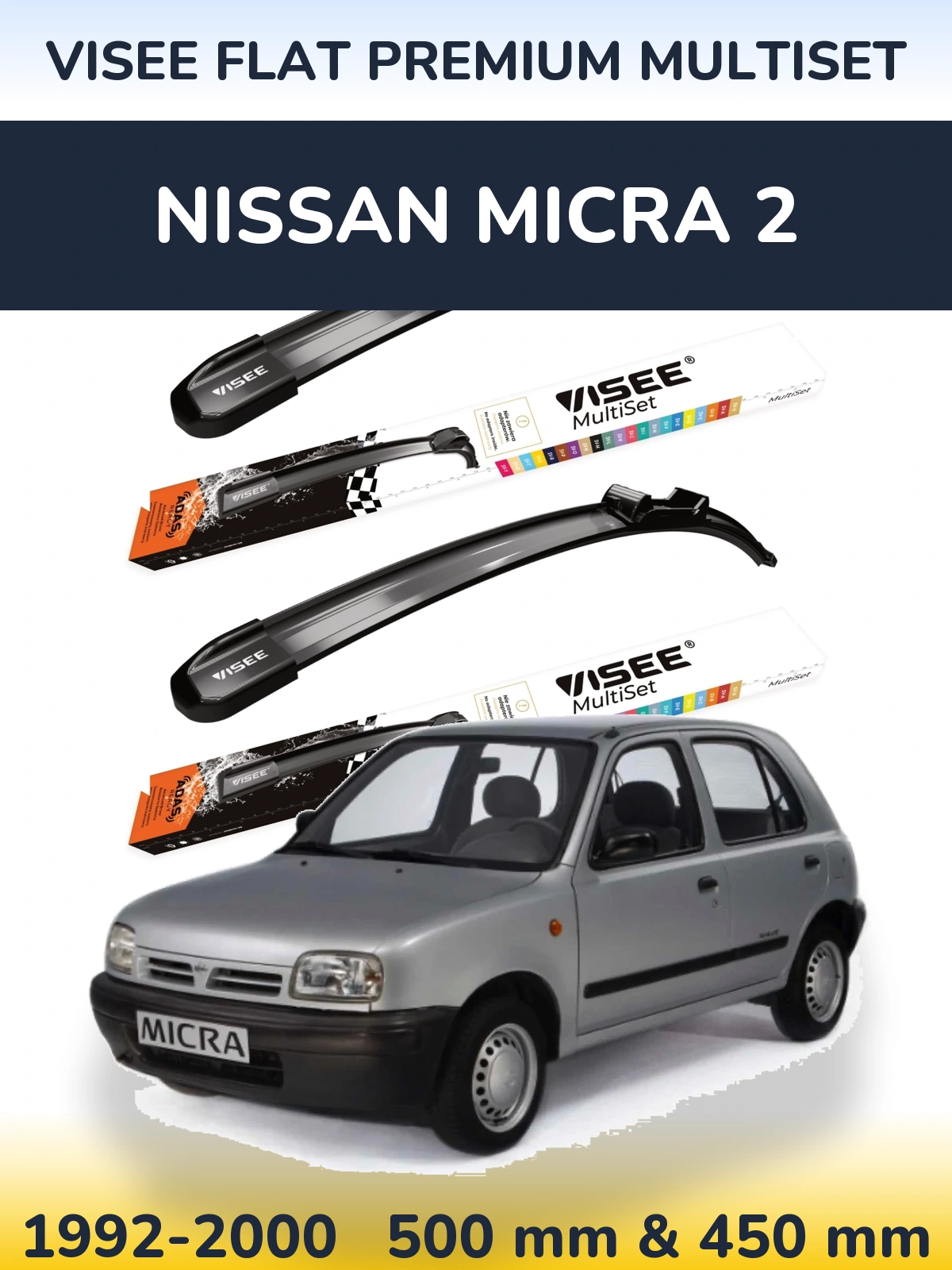 Комплект передних дворников VISEE FLAT PREMIUM MultiSet 500 & 450 мм для Nissan Micra 2 1992-2000